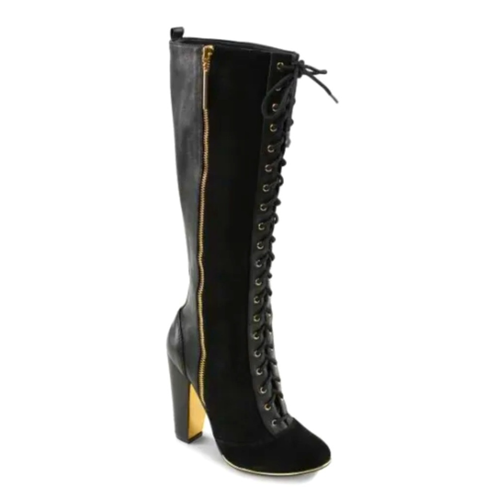 Vogue Dancing Queen Black Leather suede combo Lace Up Boots 8 US NIB